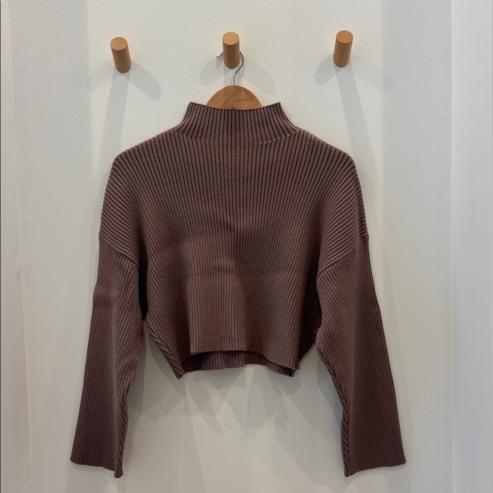 Zara Cropped Ribbed Knit Mock Neck Sweater